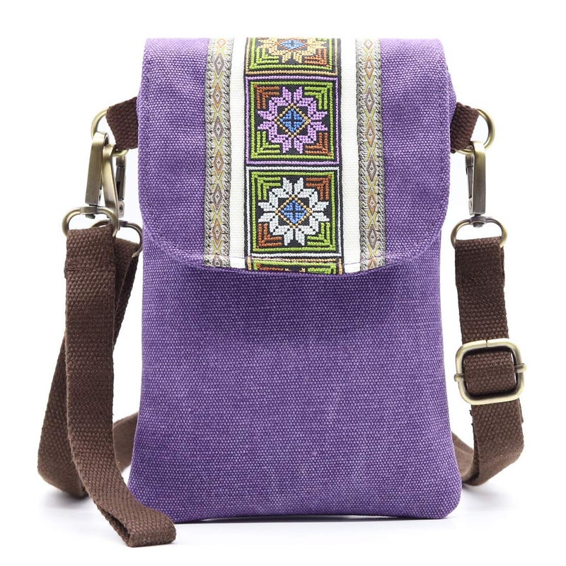 SILKAREA Boho Canvas Cell Phone Purse Small Crossbody Bag for Women Embroidery Mini Shoulder Handbags Wallet Pouch Bag (Purple) - Image 1